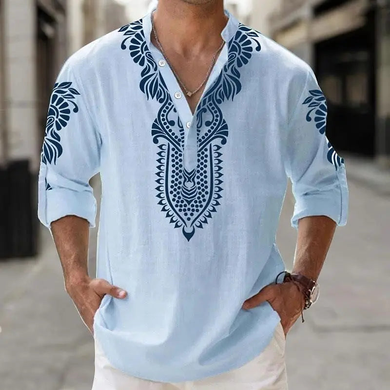 Chemise brodée col tunisien en lin style oriental