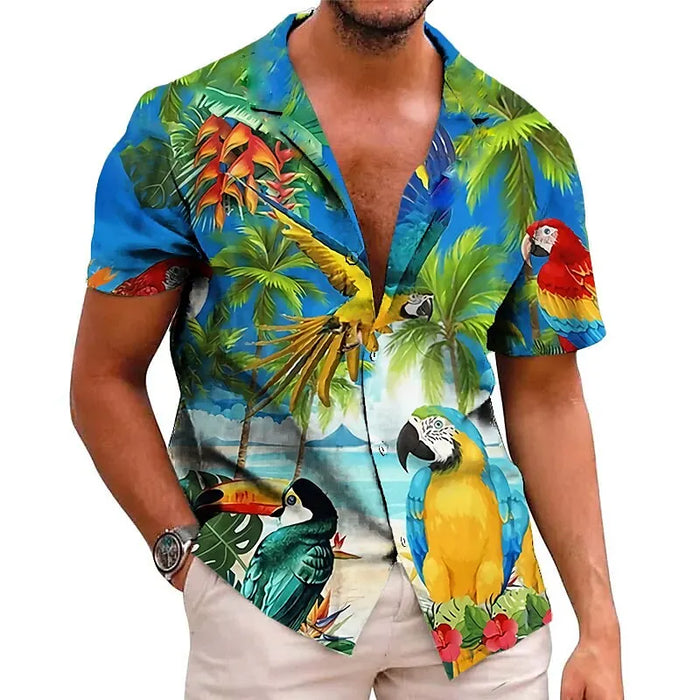 Chemise hawaïenne tropicale imprimée perroquets et fleurs