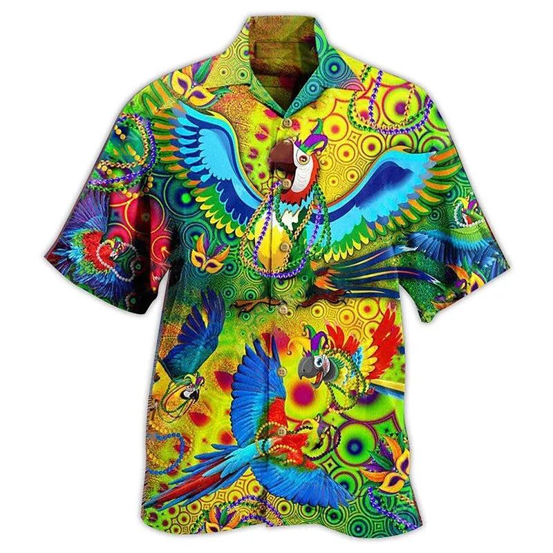 Chemise hawaïenne tropicale imprimée perroquets et fleurs