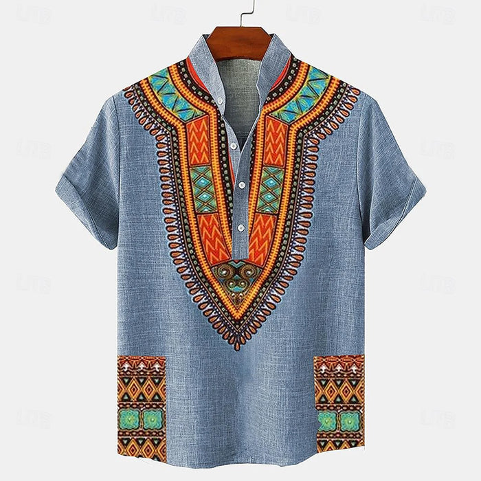Chemise ethnique à col mao et motif tribal