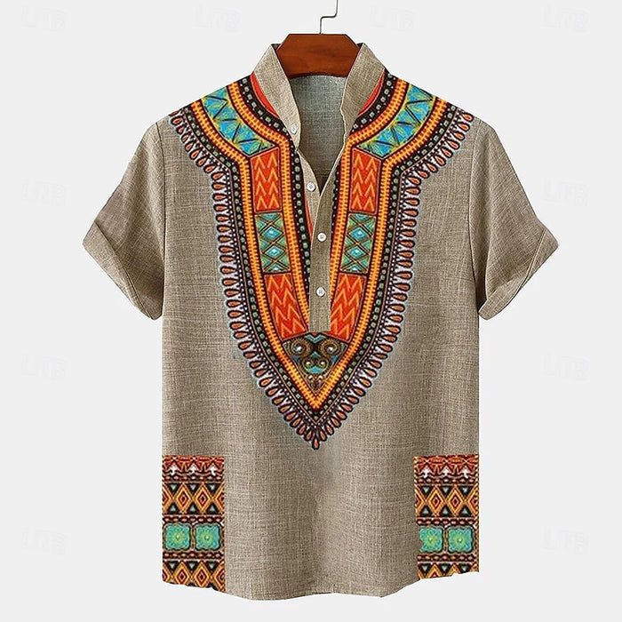 Chemise ethnique à col mao et motif tribal