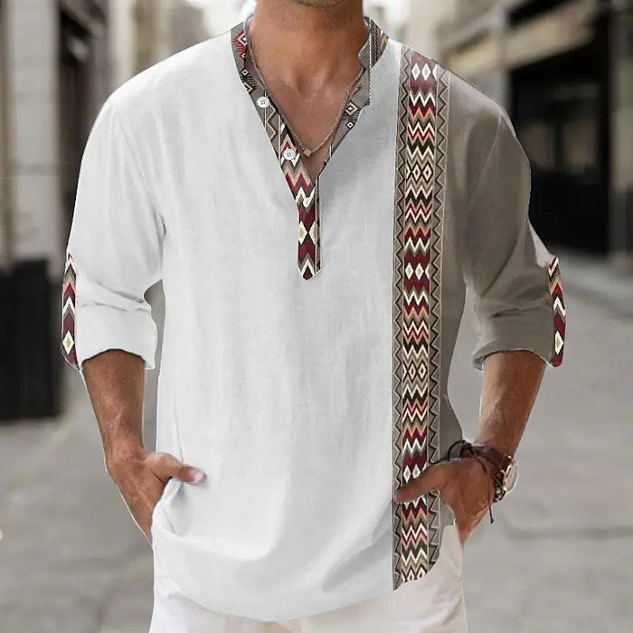 Chemise brodée col tunisien en lin style oriental