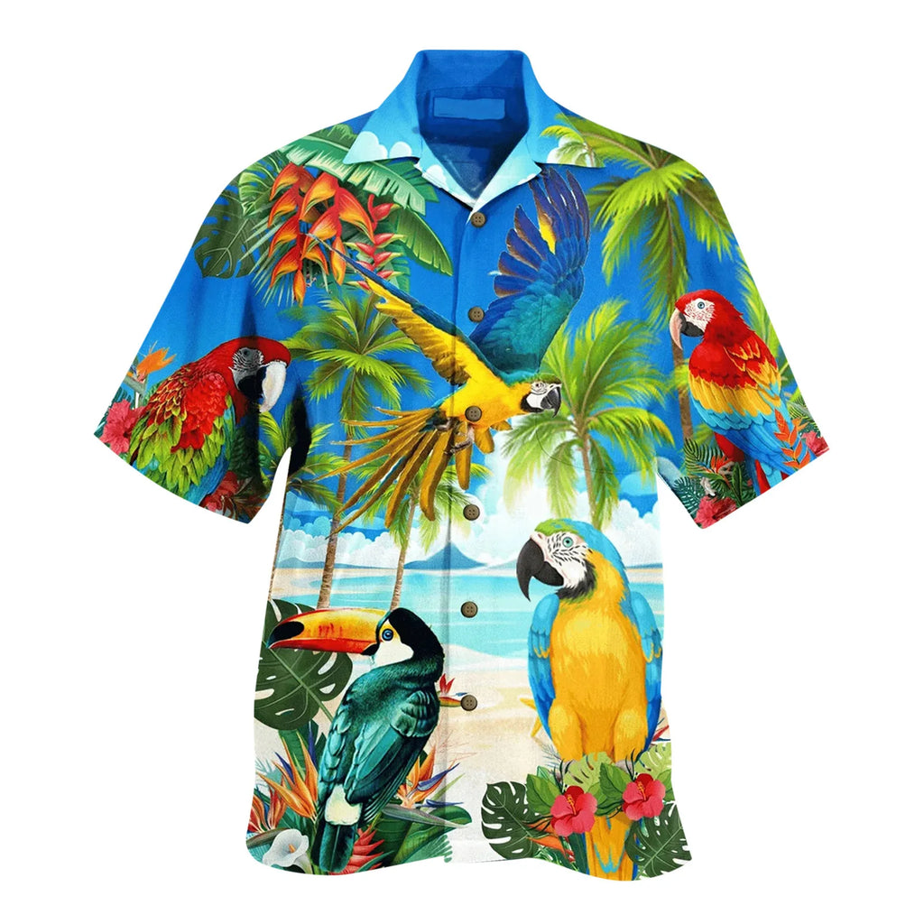 Chemise hawaïenne tropicale imprimée perroquets et fleurs