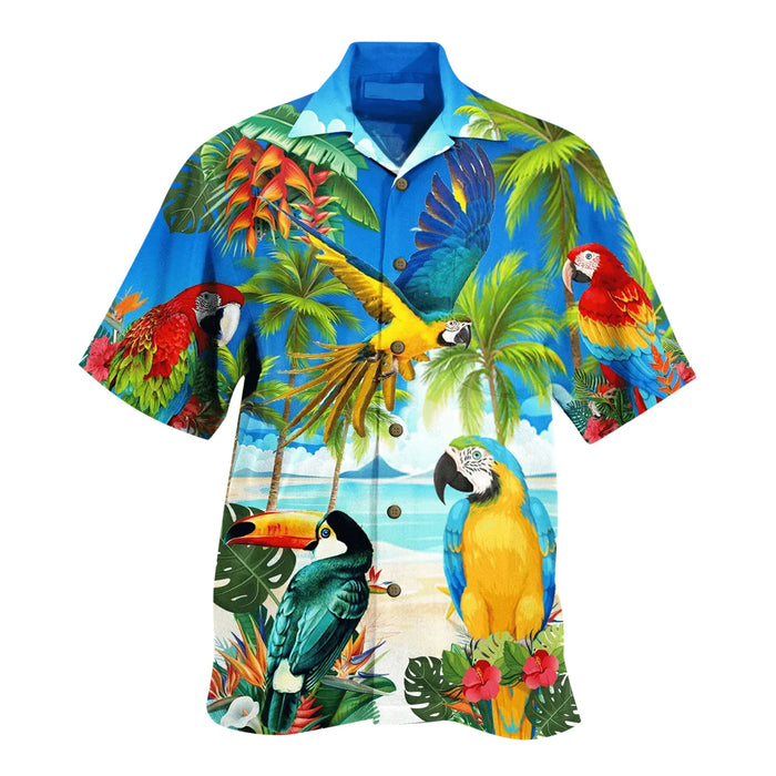 Chemise hawaïenne tropicale imprimée perroquets et fleurs