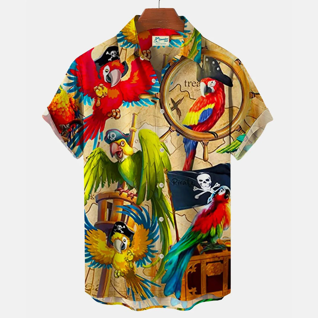 Chemise hawaïenne tropicale imprimée perroquets et fleurs