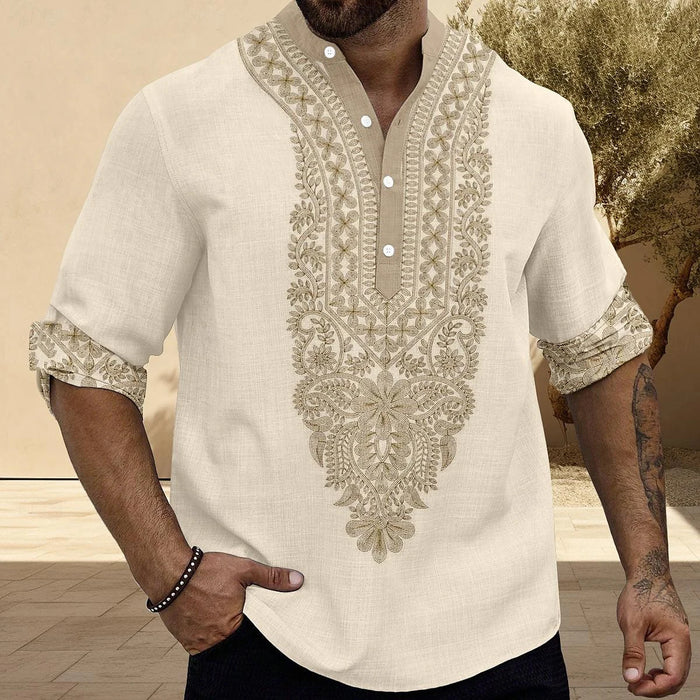 Chemise brodée col tunisien en lin style oriental