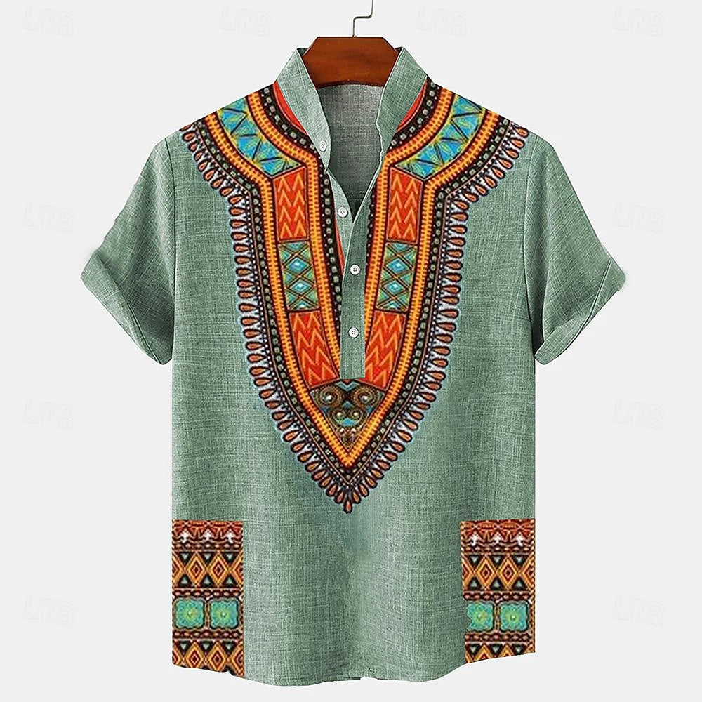 Chemise ethnique à col mao et motif tribal