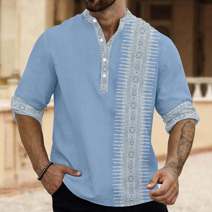 Chemise brodée col tunisien en lin style oriental