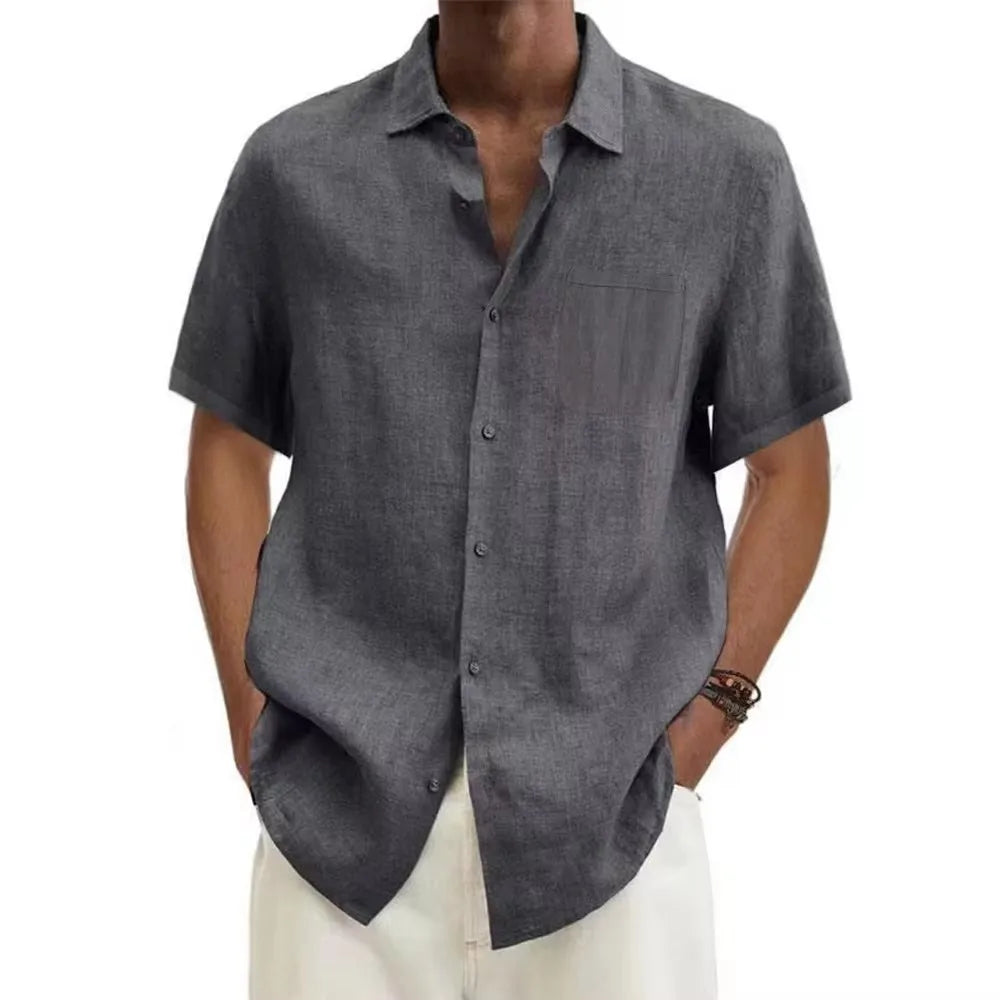 Chemise manches courtes été – coton & lin, col revers, décontractée plage, grande taille