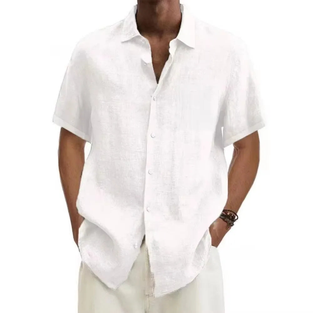 Chemise manches courtes été – coton & lin, col revers, décontractée plage, grande taille