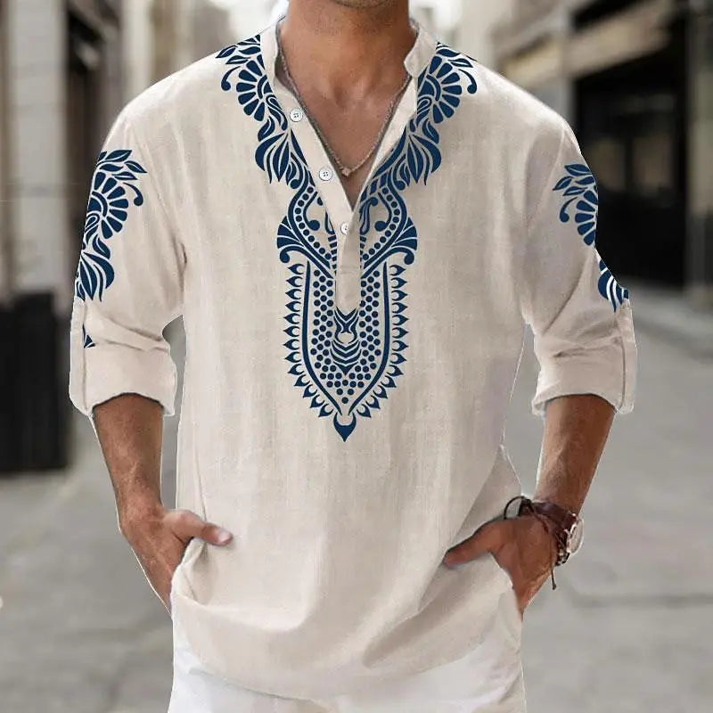 Chemise brodée col tunisien en lin style oriental