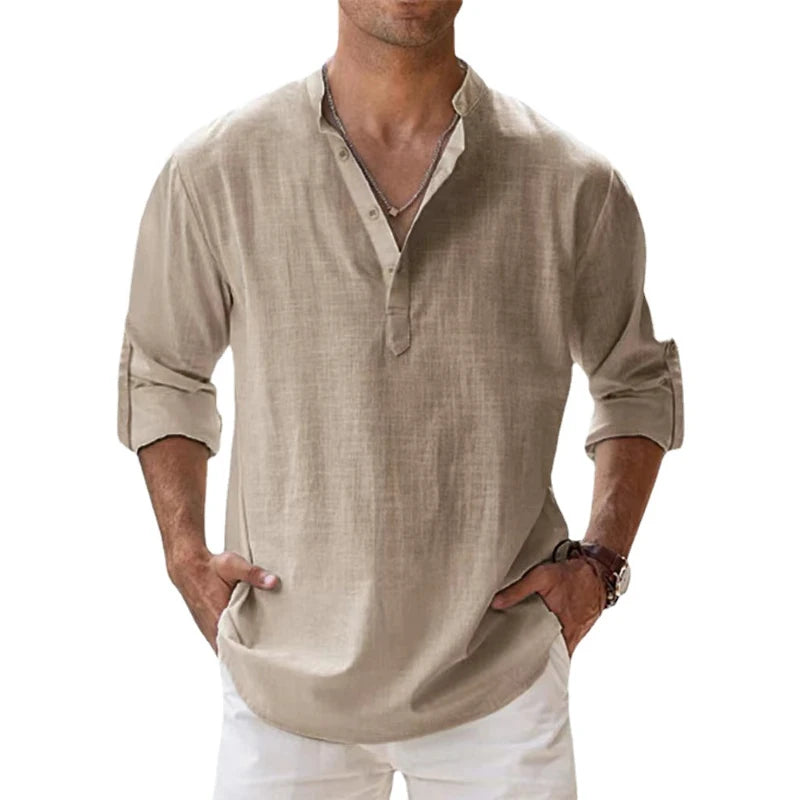 Chemise en lin  – manches longues légères, style décontracté henley, plage & été 2025
