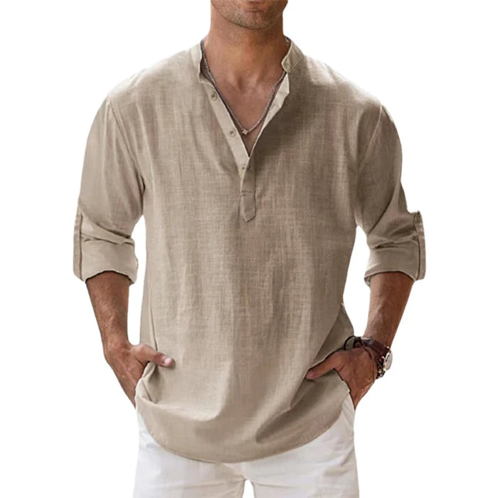 Chemise en lin  – manches longues légères, style décontracté henley, plage & été 2025