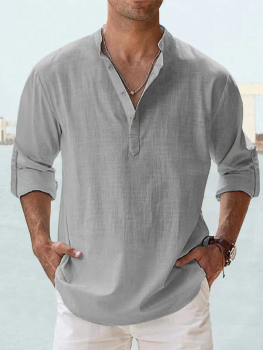 Chemise en lin  – manches longues légères, style décontracté henley, plage & été 2025