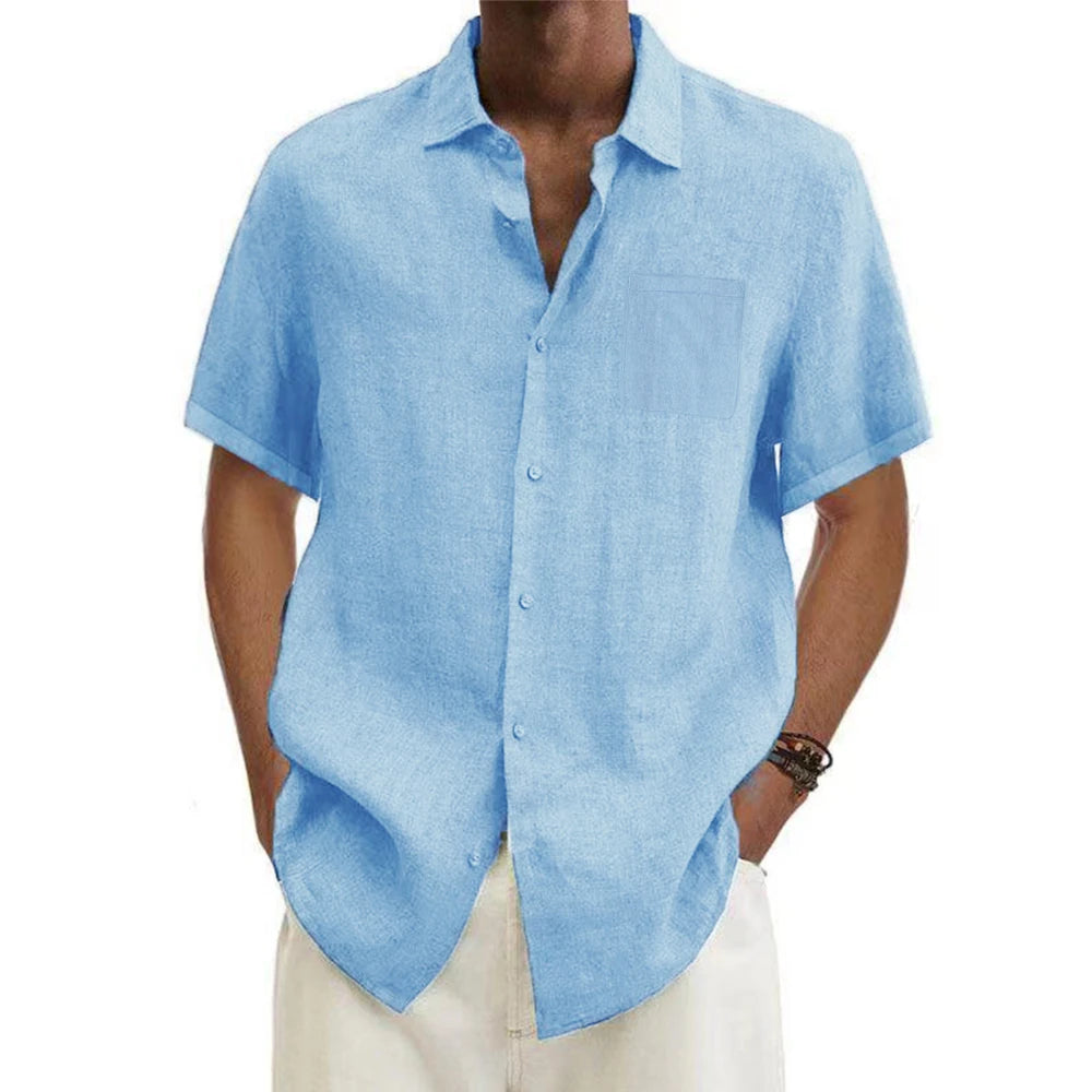 Chemise manches courtes été – coton & lin, col revers, décontractée plage, grande taille