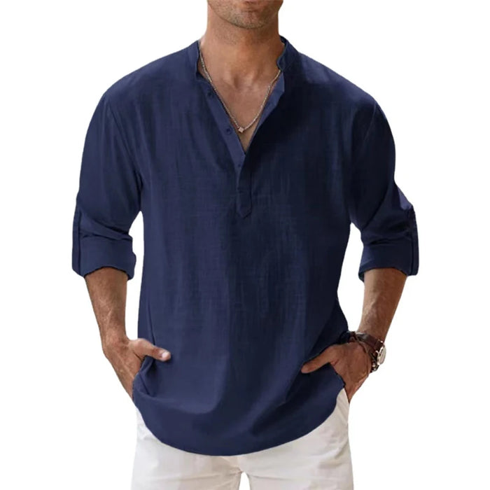 Chemise en lin  – manches longues légères, style décontracté henley, plage & été 2025