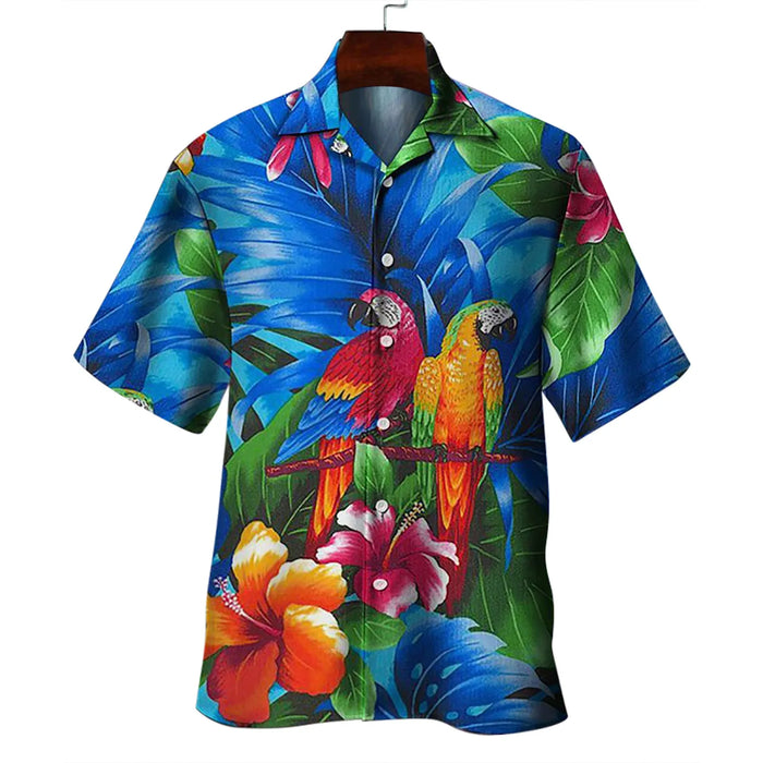 Chemise hawaïenne tropicale imprimée perroquets et fleurs