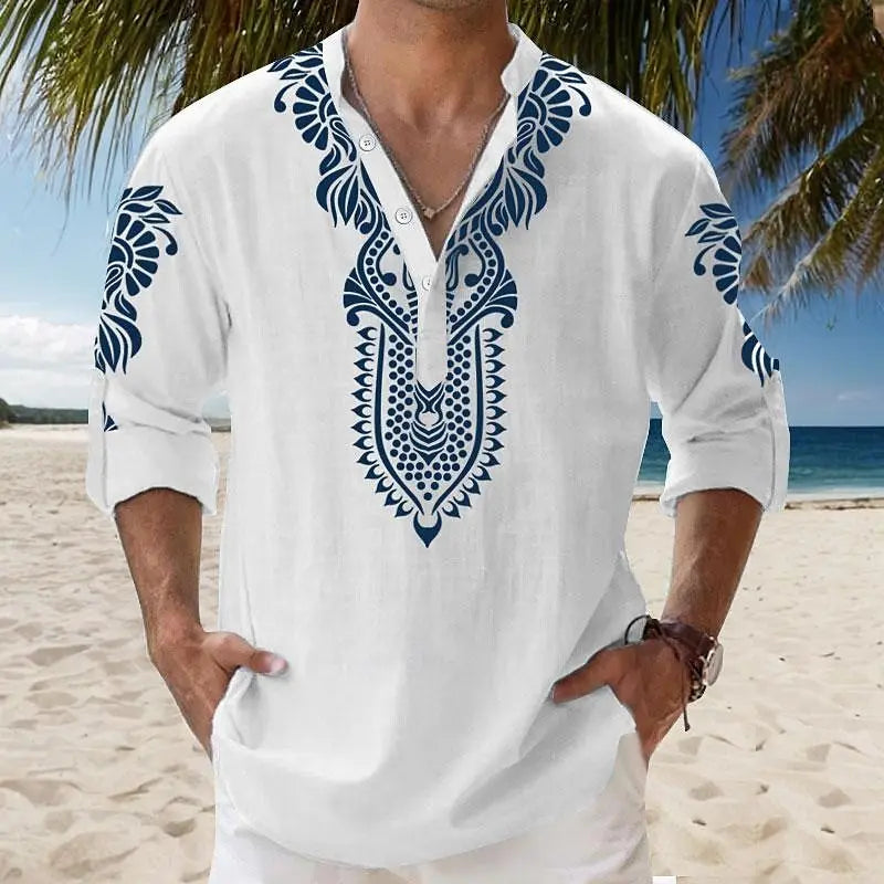 Chemise brodée col tunisien en lin style oriental