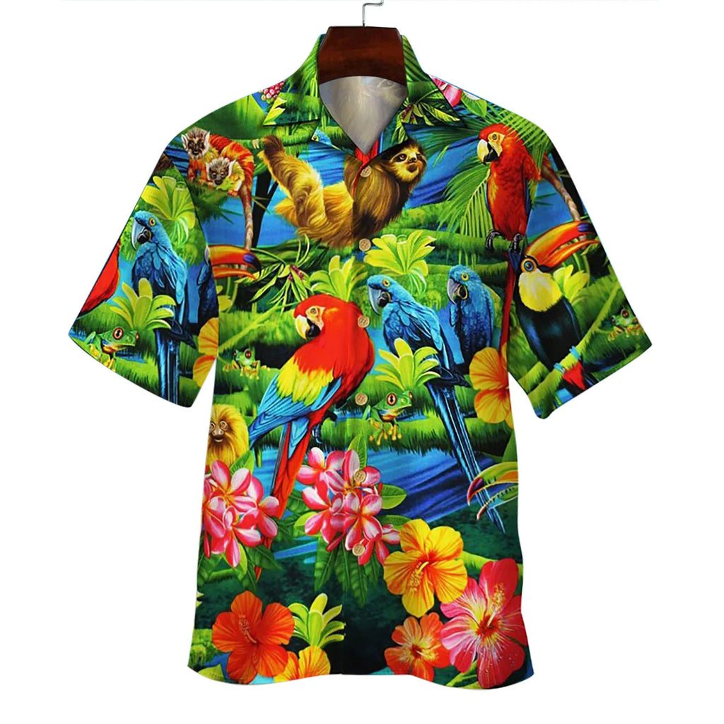 Chemise hawaïenne tropicale imprimée perroquets et fleurs