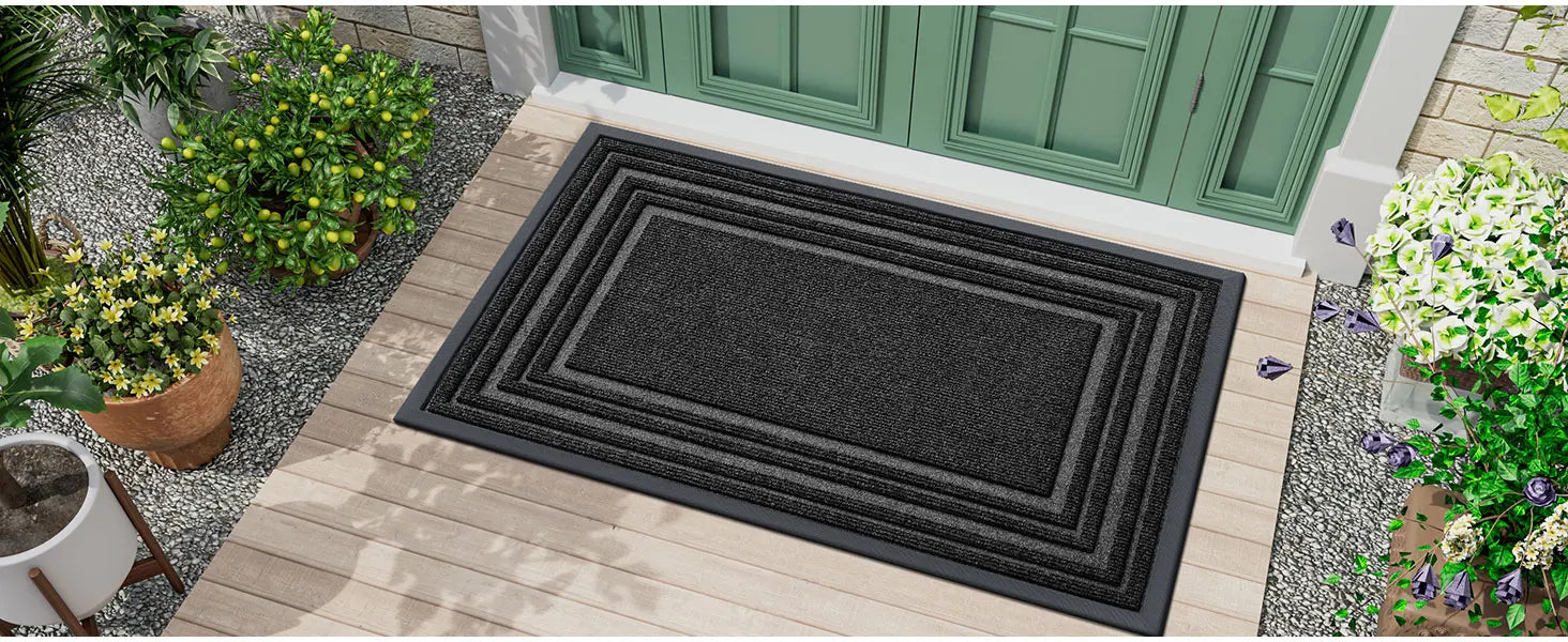 Tapis d’entrée en caoutchouc naturel antisalissures, profil bas, décor maison moderne