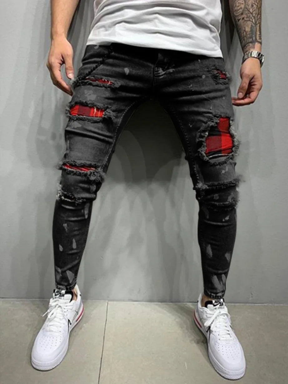 Jean skinny destroy délavé – avec patchs rouges style streetwear