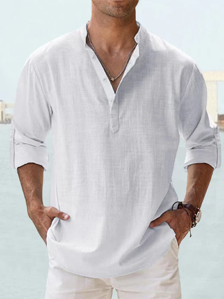 Chemise en lin  – manches longues légères, style décontracté henley, plage & été 2025