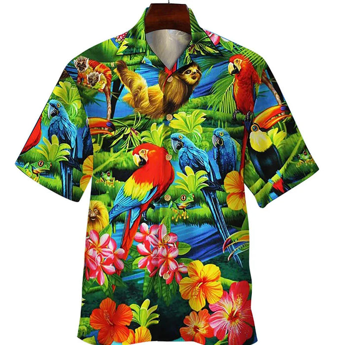 Chemise hawaïenne tropicale imprimée perroquets et fleurs
