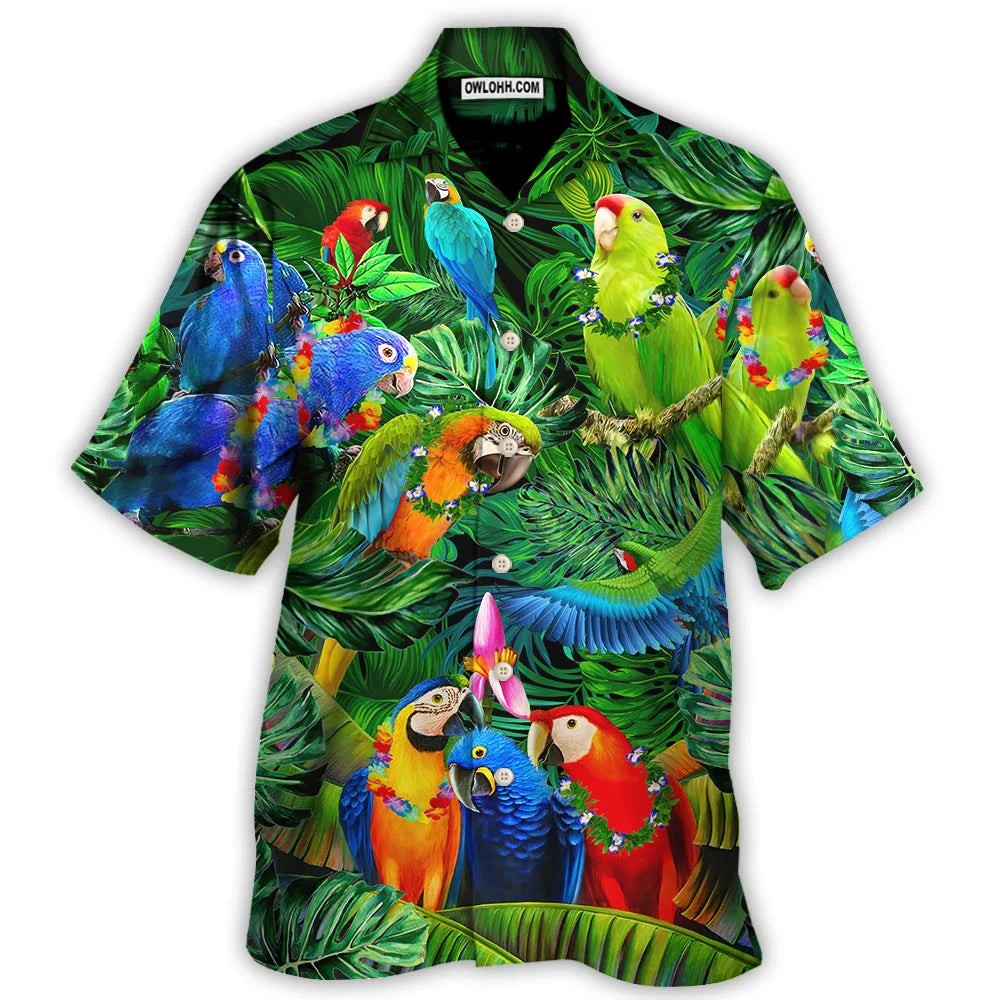 Chemise hawaïenne tropicale imprimée perroquets et fleurs