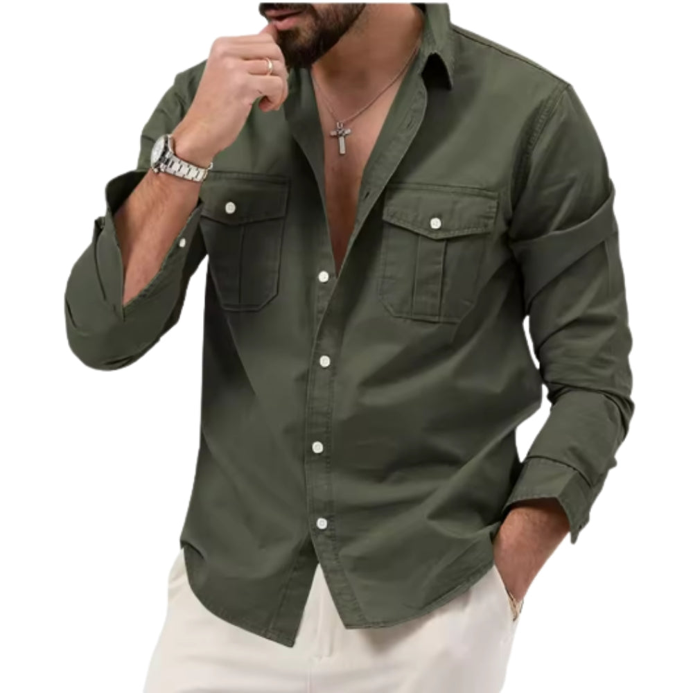 Chemise décontractée cintrée à poches multiples – Manches longues printemps ou été