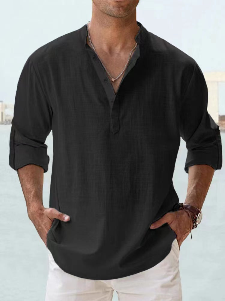 Chemise en lin  – manches longues légères, style décontracté henley, plage & été 2025