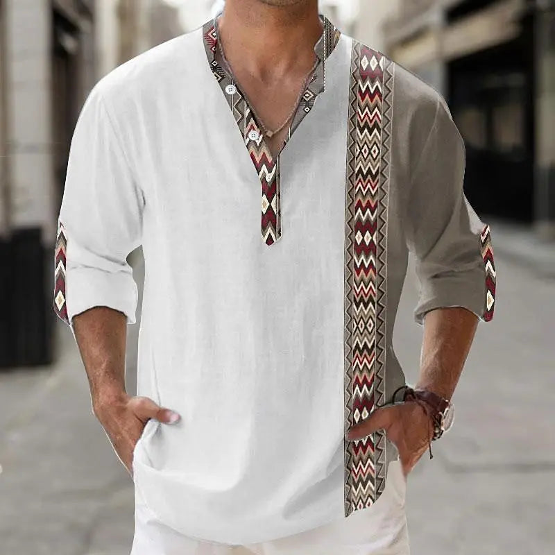 Chemise brodée col tunisien en lin style oriental