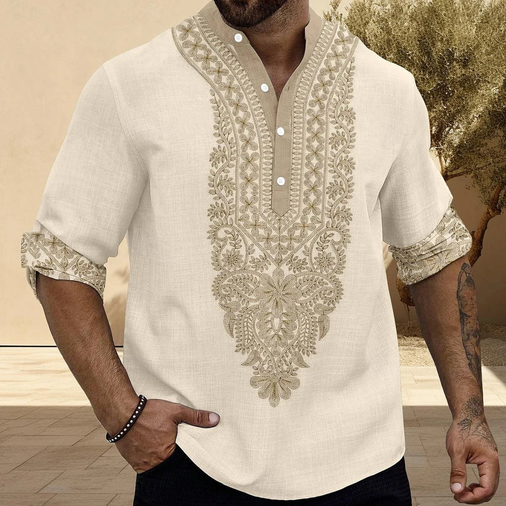 Chemise brodée col tunisien en lin style oriental