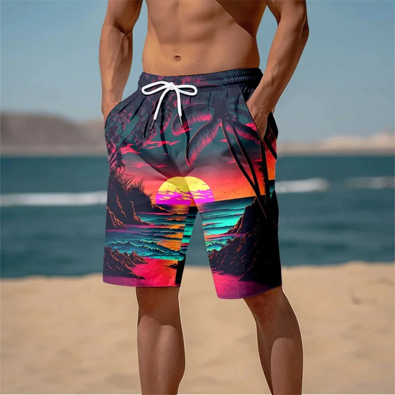 Short de bain tropical coucher de soleil fluo