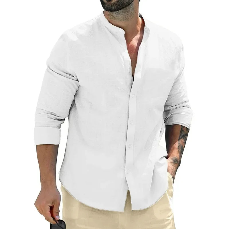 Chemise col mao en lin mélangé coupe fluide été