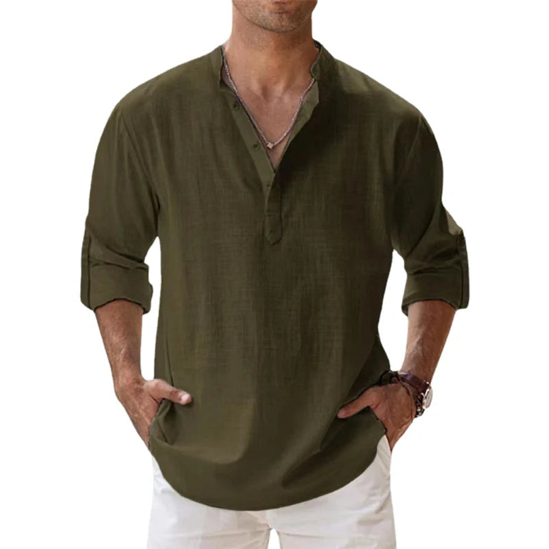 Chemise en lin  – manches longues légères, style décontracté henley, plage & été 2025