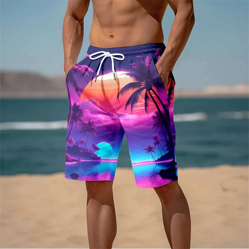 Short de bain tropical coucher de soleil fluo
