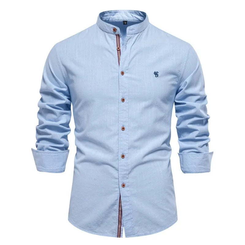 Chemise col mao ajustée – manches longues et boutonnière contrastée