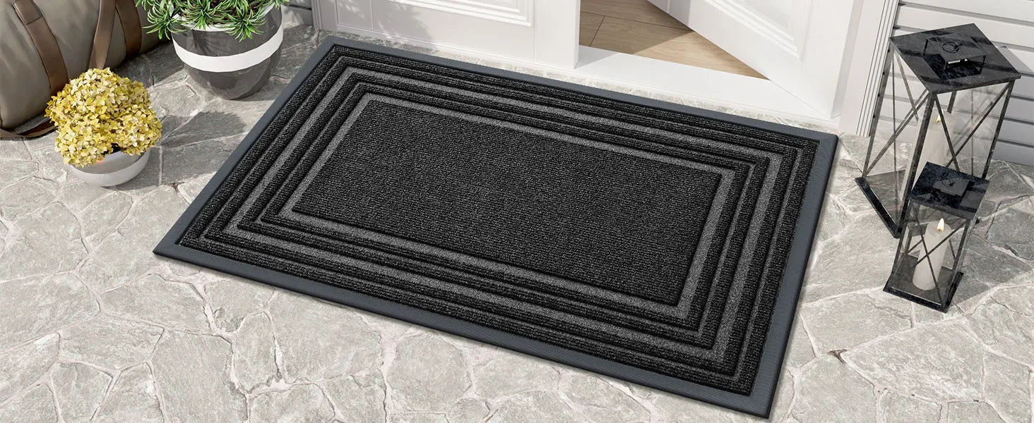 Tapis d’entrée en caoutchouc naturel antisalissures, profil bas, décor maison moderne