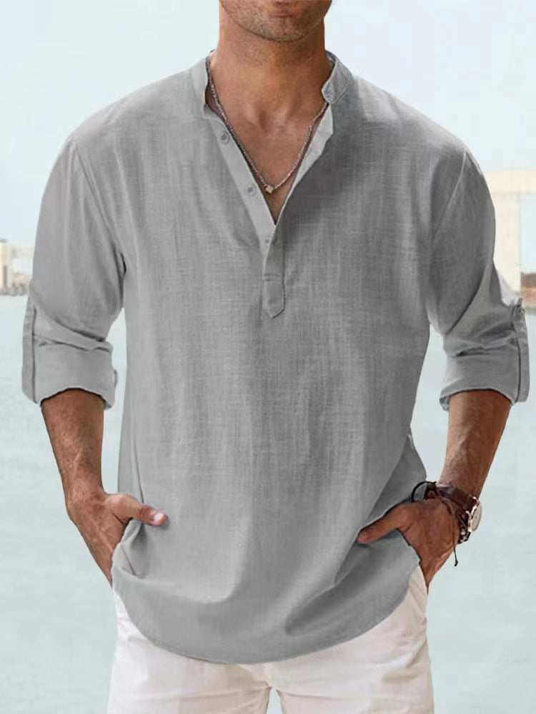 Chemise en lin  – manches longues légères, style décontracté henley, plage & été 2025