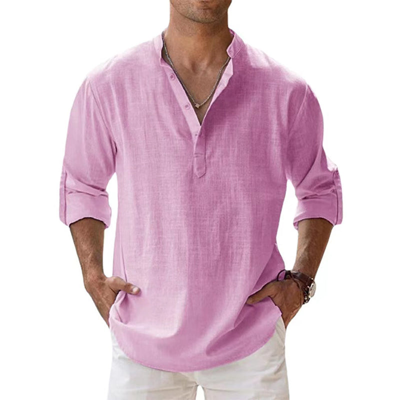 Chemise en lin  – manches longues légères, style décontracté henley, plage & été 2025
