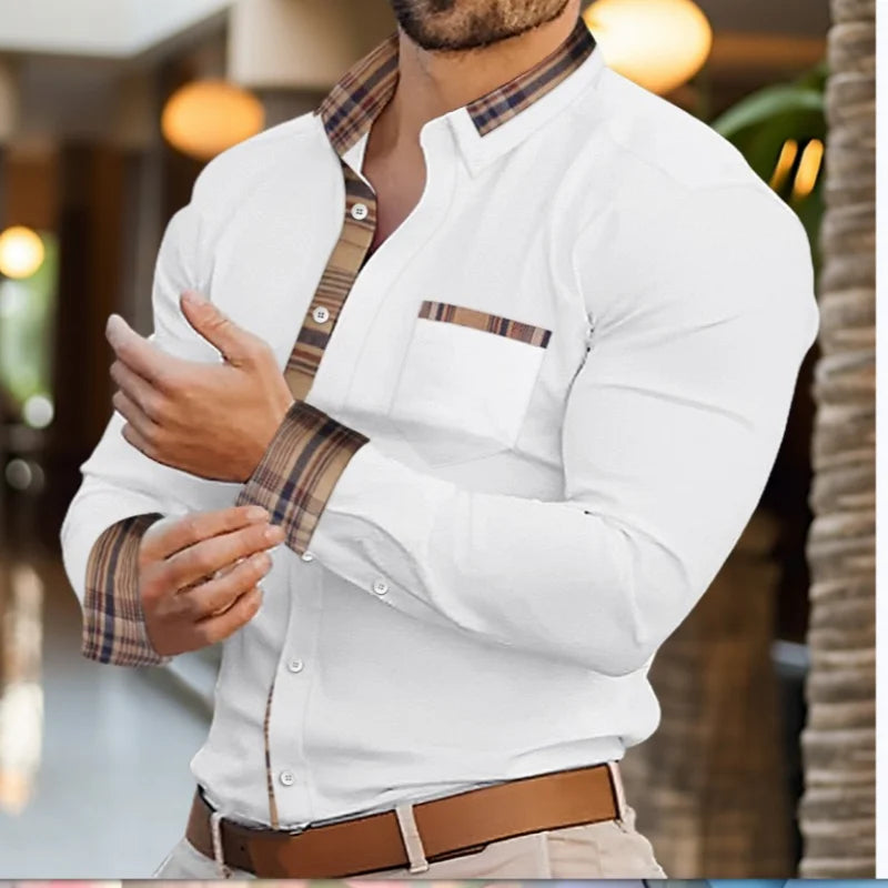 Chemise à revers en coton ramie – détails à carreaux et coupe ajustée