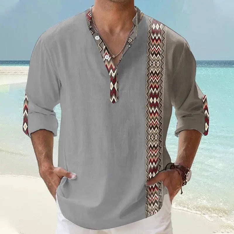 Chemise brodée col tunisien en lin style oriental
