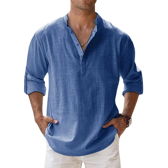 Chemise en lin  – manches longues légères, style décontracté henley, plage & été 2025